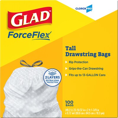 Glad ForceFlex Tall 13 Gallon Drawstring Kitchen Trash Bag, White, 100 Total Bags (78374)