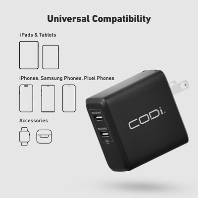 CODi PowerLine+ Dual USB-C Wall Charger, 45W, Black (WC045-2C)