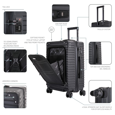 DUKAP Tour 20" Hardside Carry-On Suitcase, 4-Wheeled Spinner, TSA Checkpoint Friendly, Black (DKTOU00S-BLK)