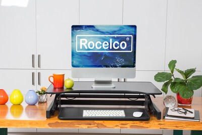 Rocelco 32"W 5"-17"H Height Adjustable Standing Desk Converter, Sit Stand Up Dual Monitor Riser, Black (R ADRB)