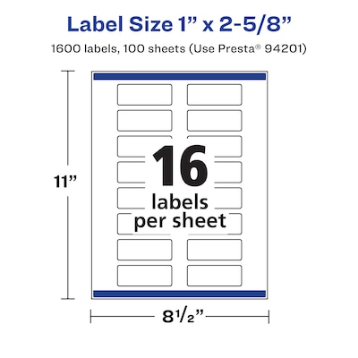 Avery Laser/Inkjet Multipurpose Labels, 1" x 2 5/8", White, 16 Labels/Sheet, 100 Sheets/Pack (94201)