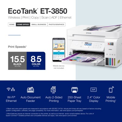 Epson EcoTank ET-3850 Wireless Color Inkjet Printer, All-In-One Supertank, Print, Scan, Copy (9472543)