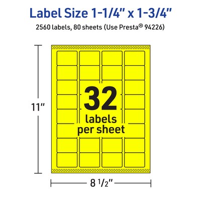 Avery Laser/Inkjet Multipurpose Rectangle Labels, 1.25" x 1.75", Neon Yellow, 2560/Box (94226)