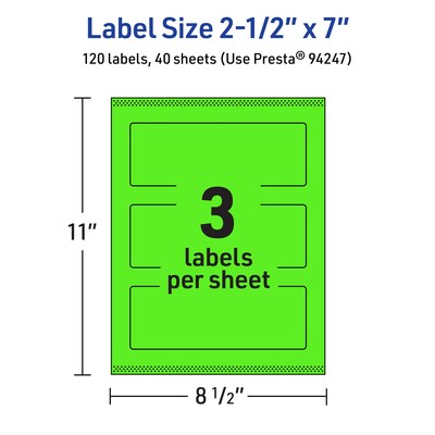 Avery Rectangle Multipurpose Labels, 2.5" x 7", Neon Green, 120/Pack (94247)