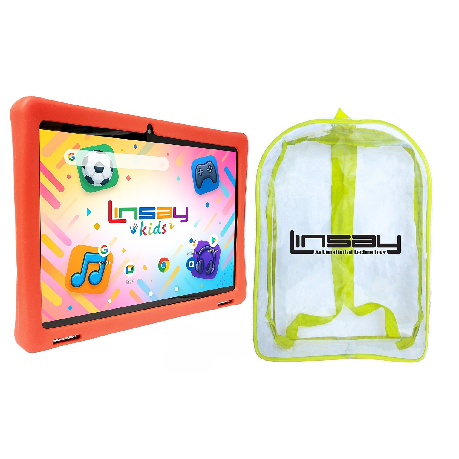 LINSAY F10 Series 10.1 Tablet, Wi-Fi, Octa Core, 256GB eMMC, Android 15, Red Kids Defender Case & Backpack (F10IPGKIDSREBAPLUS)
