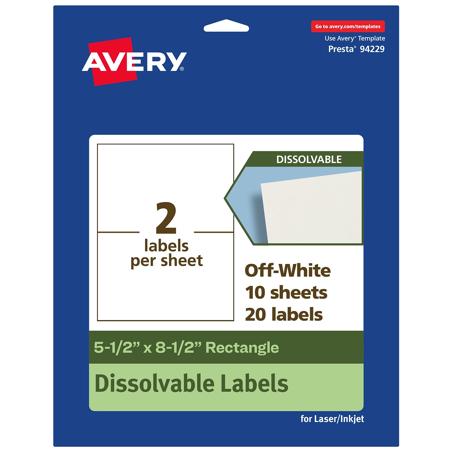 Avery Dissolvable Rectangle Multipurpose Labels, 5.5 x 8.5, Off-white, 20/Pack (94229)