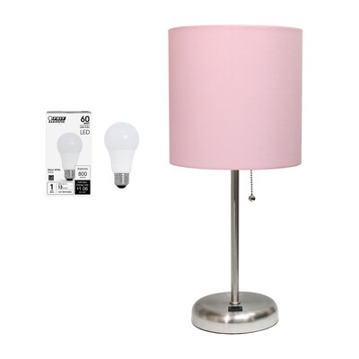 Creekwood Home Oslo 19.5" LED Table Lamp with USB Port, Brushed Steel/Light Pink Shade (CWT-2012-LP-LB)