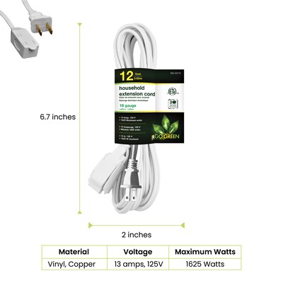 GoGreen Power 12 Extension Cord, 3-Outlet, 16 AWG, White (GG-24712-3)