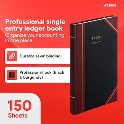 Staples Ledger Book, Black, 150 Sheets/Book (217679)