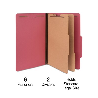 Quill Brand® 2/5-Cut Tab Pressboard Classification File Folders, 2-Partitions, 6-Fasteners, Legal, Red, 15/Box (739030)