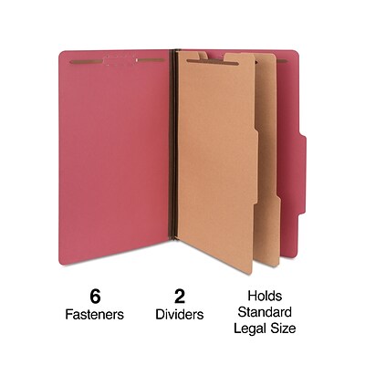 Quill Brand® 2/5-Cut Tab Pressboard Classification File Folders, 2-Partitions, 6-Fasteners, Legal, Red, 15/Box (739030)