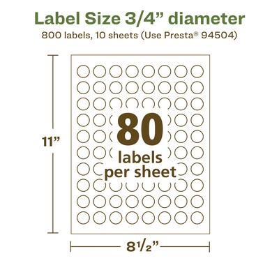 Avery EcoFriendly Laser/Inkjet Circle Multipurpose Labels, 3/4" Dia., White, 800/Pack (94504)