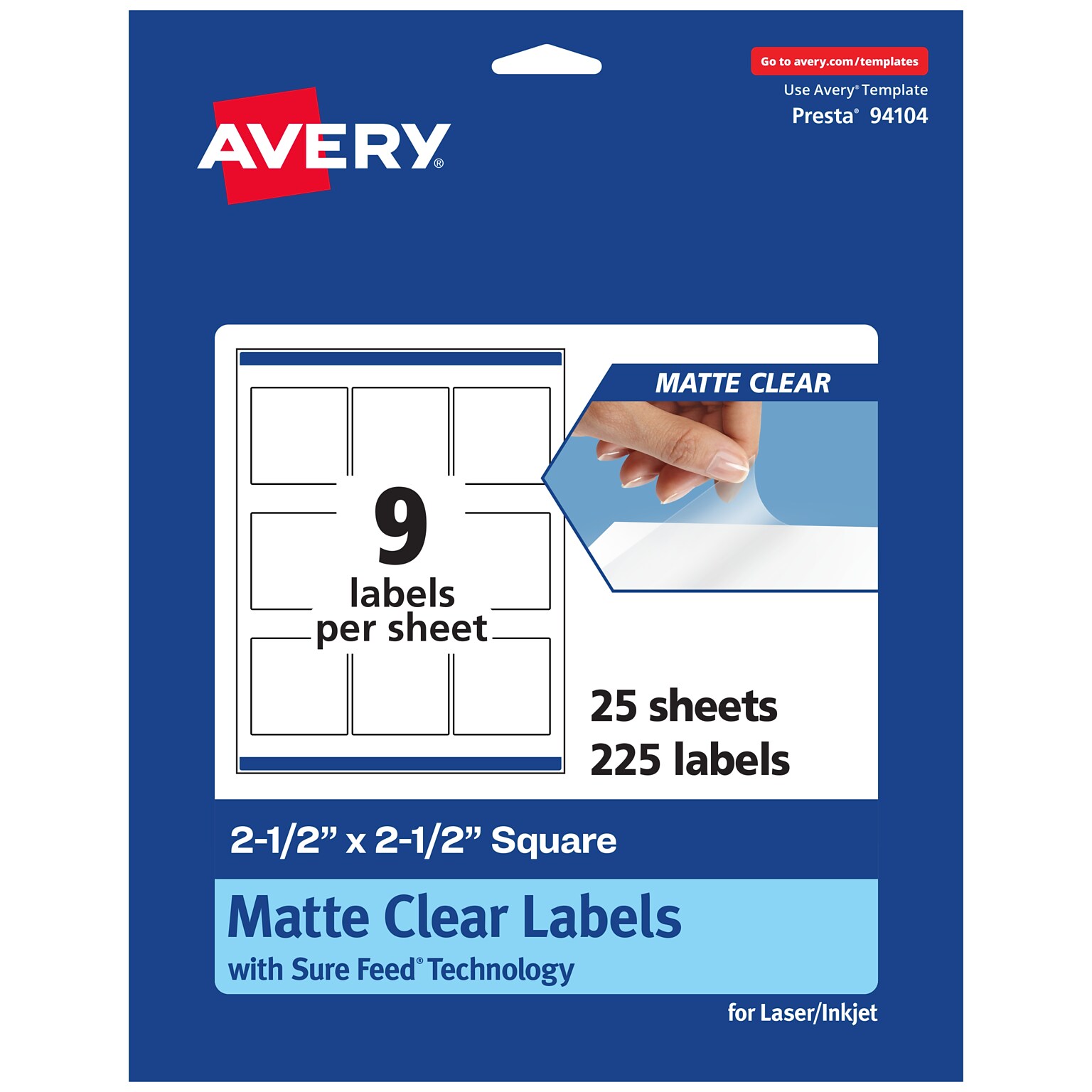 Avery Laser/Inkjet Square Multipurpose Labels, 2-1/2 x 2-1/2, Clear, 225/Pack (94104)