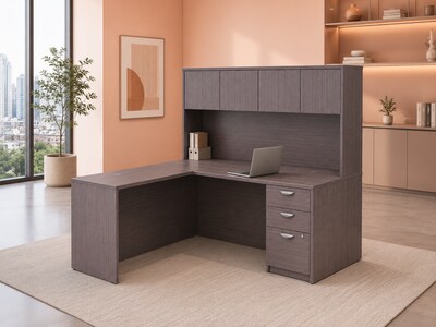 Boss Office Products  Office Desk with Hutch, Return and Pedestal, Driftwood (GROUPA25-DW)