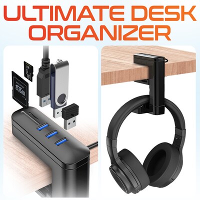 Delton HS7 Headset Stand with Under-Desk Holder and 3 USB-A Ports, Black (DHS3USB)