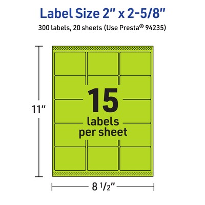 Avery Laser/Inkjet Multipurpose Rectangle Labels, 2" x 2-5/8", Bright Green, 300/Pack (94235)
