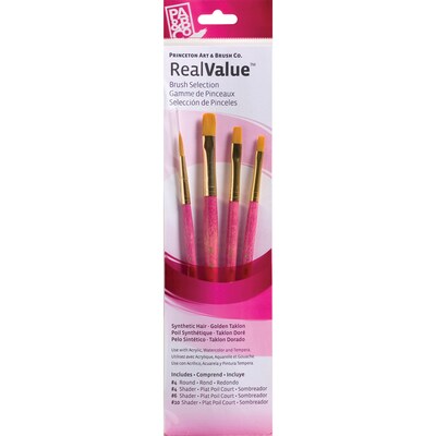 Princeton RealValue Mixed Media Synthetic Taklon Variety Brush Set, Pink, 4/Set, 3 Sets/Bundle (PBXPR9181-3)