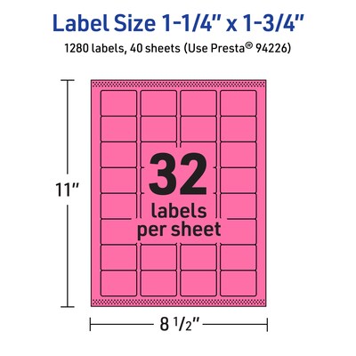 Avery Laser/Inkjet Rectangle Multipurpose Labels, 1.25" x 1.75", Bright Pink, 1280/Pack (94226)