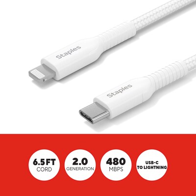 Staples TECH Lightning to USB-C Charging Cable, 6.5 ft., White (ST62333)