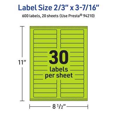 Avery Printable Rectangle Multipurpose Labels, 2/3" x 3-7/16", Bright Green, 600/Pack (94210)