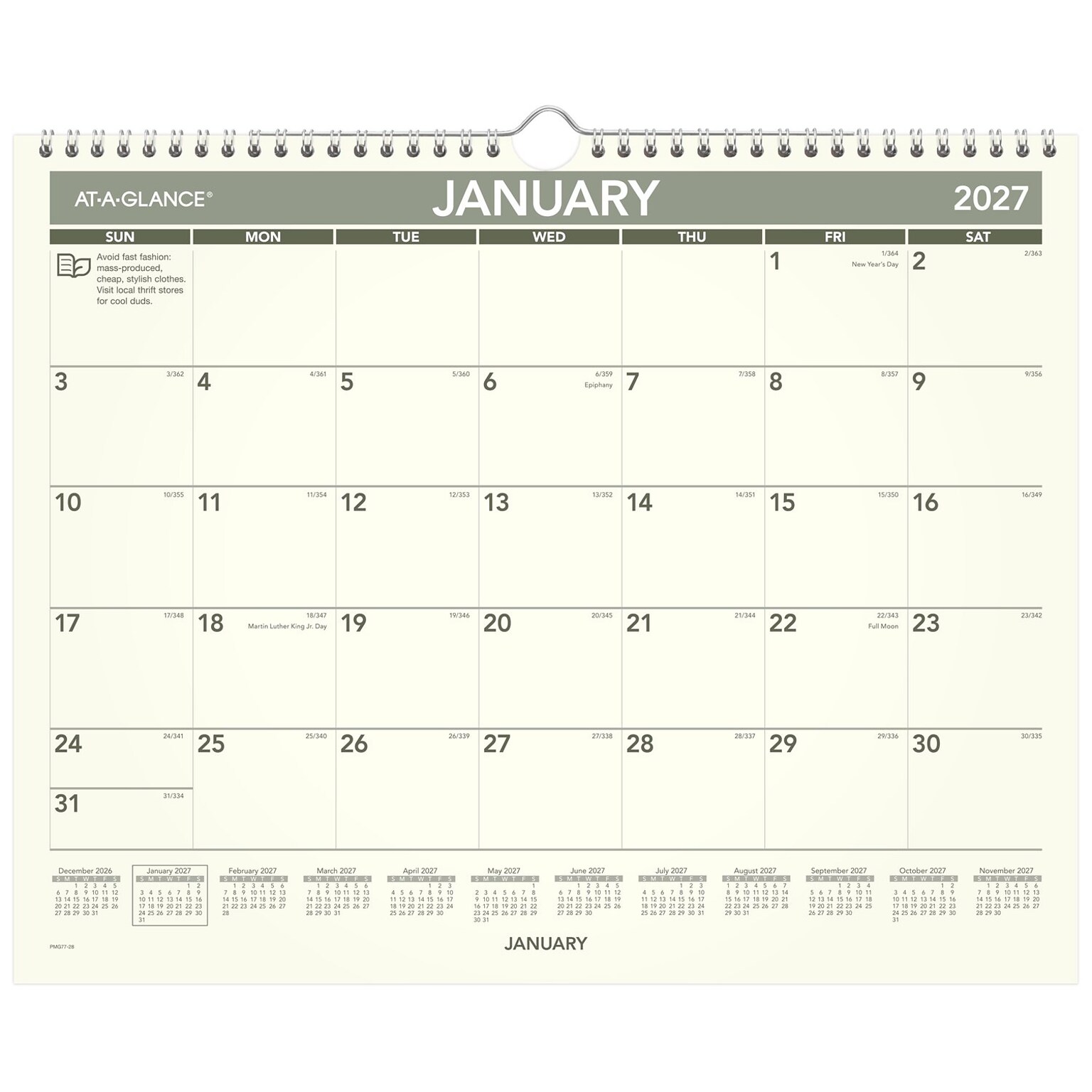 2027 AT-A-GLANCE Recycled 15 x 12 Monthly Wall Calendar, Green/Black (PMG77-28-27)
