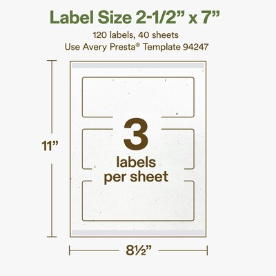 Avery Hemp Rectangle Laser/Inkjet Multipurpose Labels, 2-1/2" x 7", Off-White (120/Box)