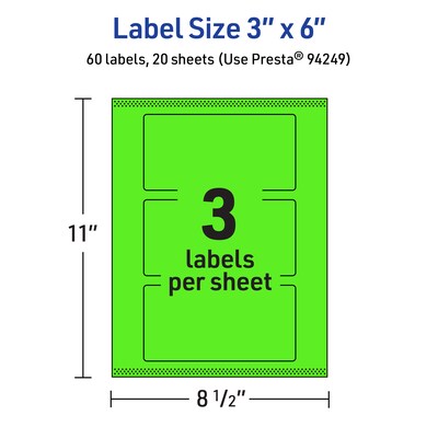 Avery Laser/Inkjet Multipurpose Rectangle Labels, 3" x 6", Neon Green, 60/Pack (94249)