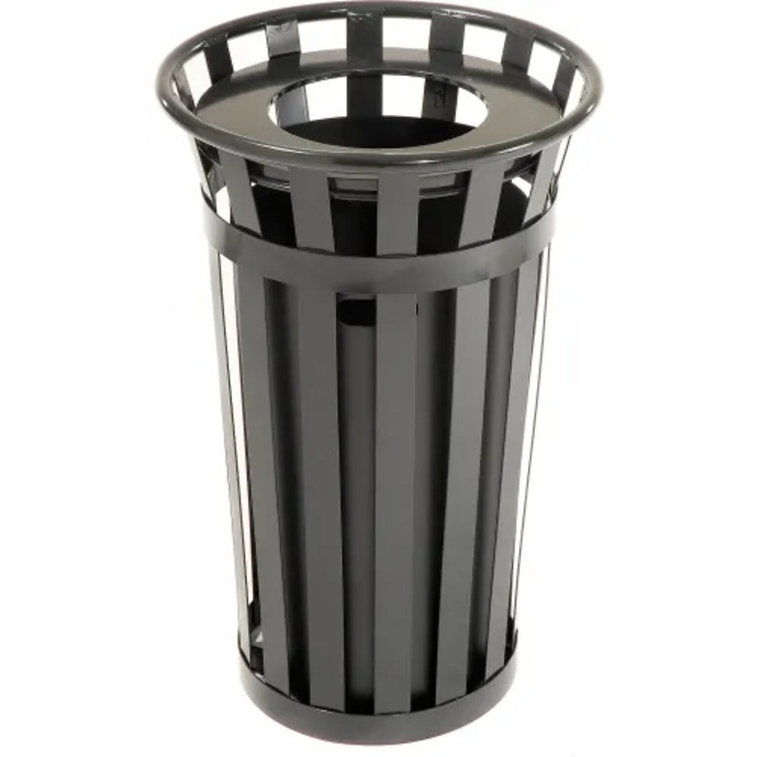 Global Industrial Outdoor Slatted Steel Trash Can w/ Flat Lid & Liner, 24 Gallon, Black (237725BK)