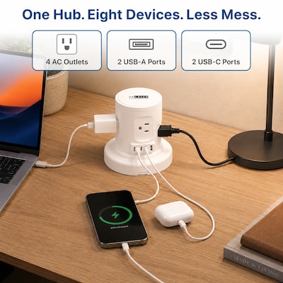 Uncaged Ergonomics Retractable Power Strip with USB-C, 4 AC Outlets, 4 USB Ports and 6ft Retractable Cord, White (RC-white)