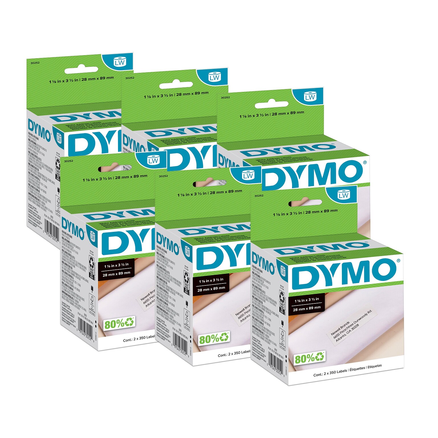 6 Pack DYMO LabelWriter 30252 Mailing Address Labels, 3-1/2 x 1-1/8, Black on White, 350 Labels/Ro