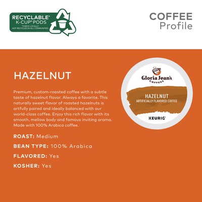 Gloria Jean's Coffees Hazelnut Coffee, Keurig K-Cup Pod, Medium Roast, 96/Carton (60051-052CT)