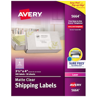 Avery Easy Peel Laser Shipping Labels, 3-1/3 x 4, Clear, 6 Labels/Sheet, 50 Sheets/Pack,  300 Labe