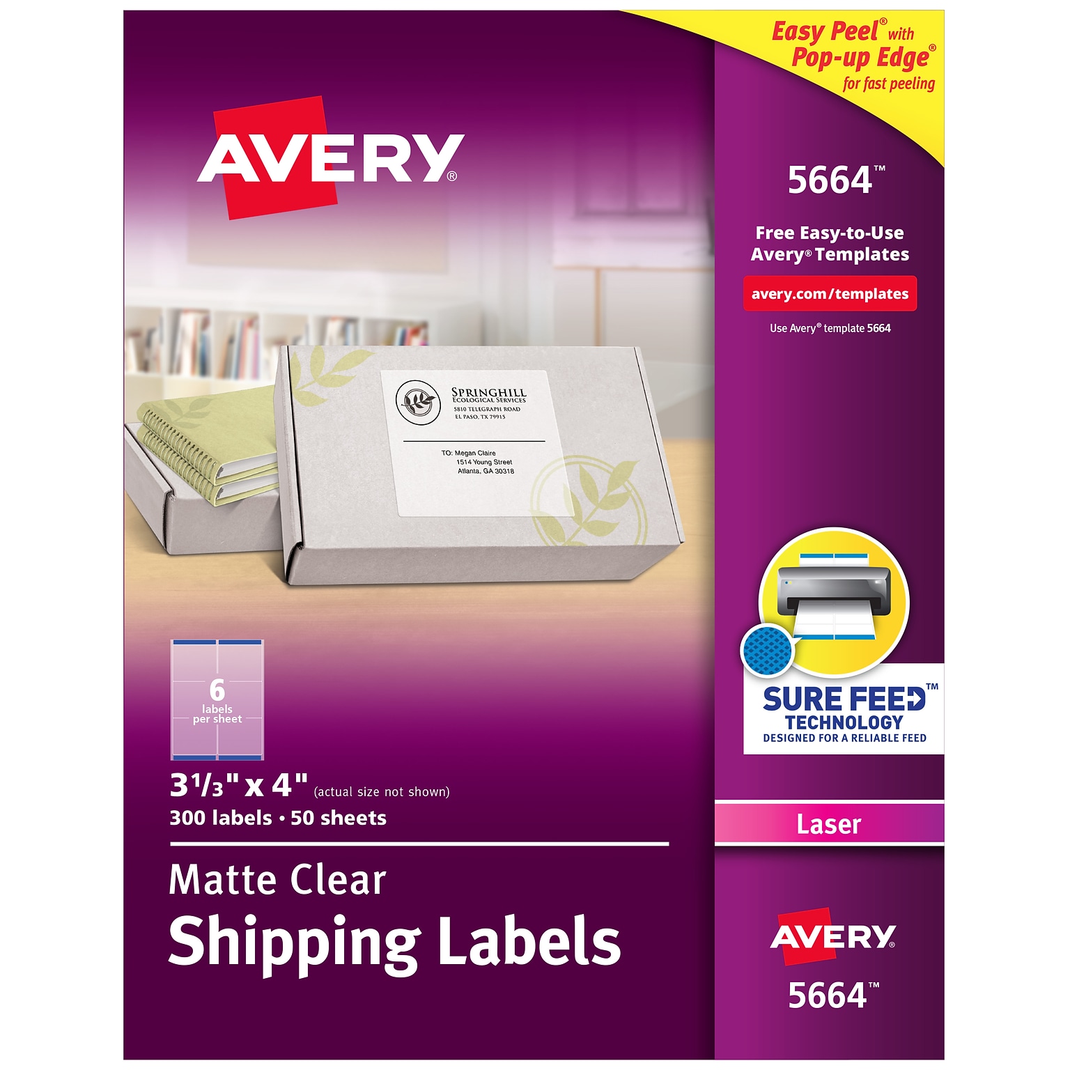 Avery Easy Peel Laser Shipping Labels, 3-1/3 x 4, Clear, 6 Labels/Sheet, 50 Sheets/Pack, 300 Labels/Pack (5664)