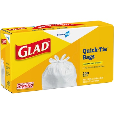 Glad Quick Tie Tall 13 Gallon Flap Tie Kitchen Trash Bag, White, 200 Total Bags (15931)
