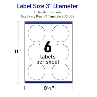 Avery Round Laser/Inkjet Multipurpose Labels, 3", White, 60/Pack (19479370909)