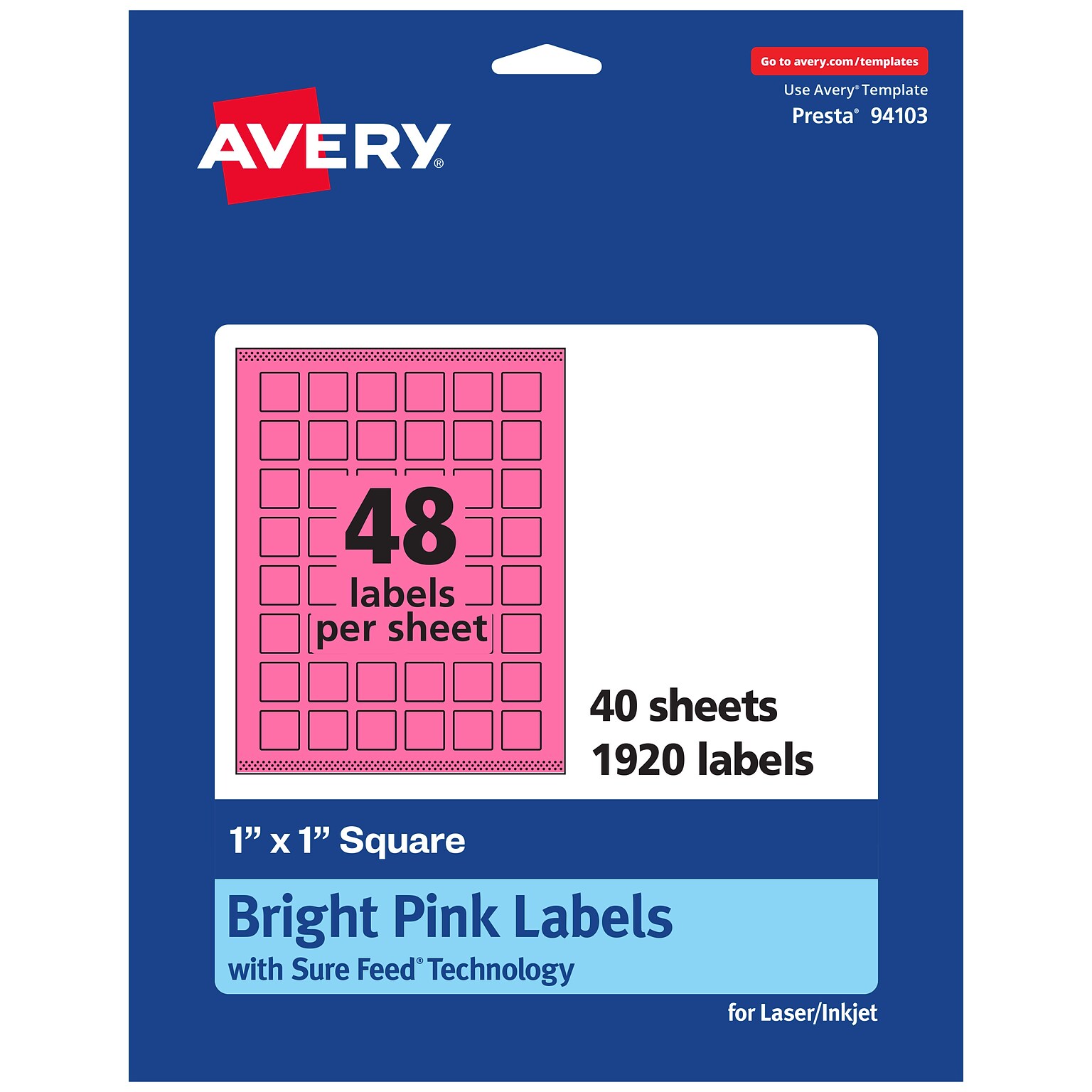 Avery Laser/Inkjet Square Multipurpose Labels, 1 x 1, Bright Pink, 1920/Pack (94103)