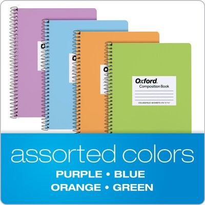 Oxford Composition Notebooks, 7.5" x 9.75", College Ruled, 80 Sheets, Assorted Colors, 4/Pack (64947)