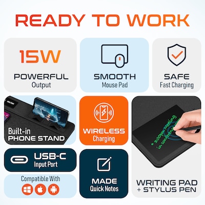 Delton D101 Mouse Pad Workstation with Qi Wireless Charging Pad, Digital Notepad, and Phone Stand, Black (DMP101WC)