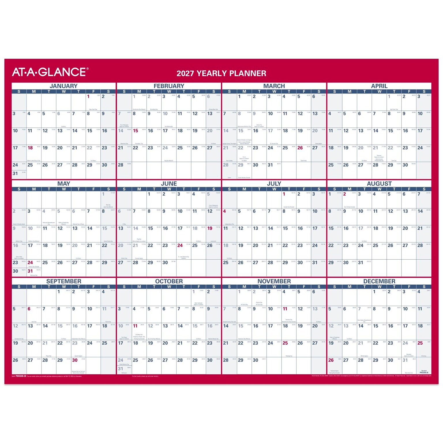 2027 AT-A-GLANCE 16 x 12 Yearly Wet-Erase Wall Calendar, Reversible, White/Red (PM330B-28-27)