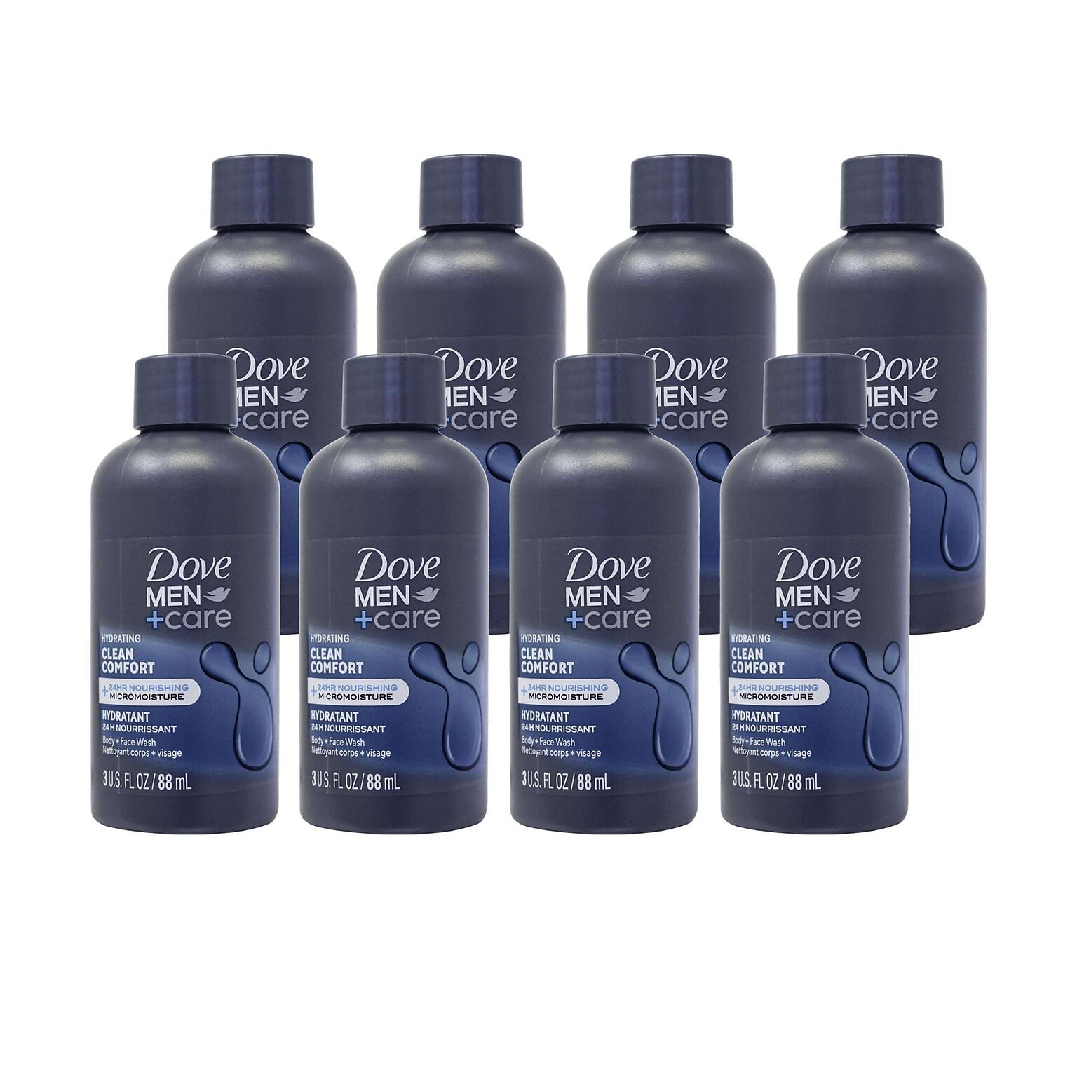 Dove Men+Care Clean Comfort Body and Face Wash, 3 oz Bottle, 8 Bottles/Bag, 12 Bags/Carton