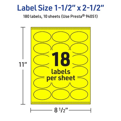 Avery Laser/Inkjet Oval Multipurpose Labels, 1.5" x 2.5", Neon Yellow, 180/Pack (94051)