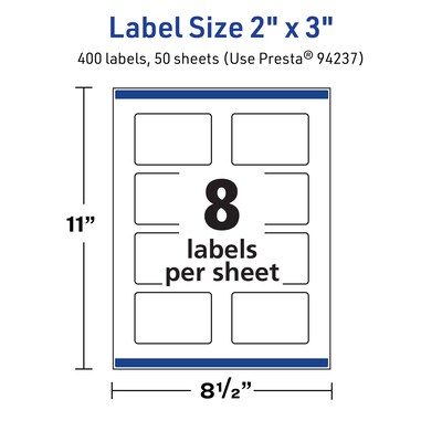 Avery TrueBlock Laser/Inkjet Rectangle Multipurpose Labels, 2" x 3", White, 400/Box (94237)