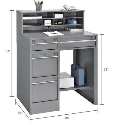 Global Industrial Pedestal Shop Desk w/ 4 Drawers & Shelf, 38"W x 29"D, Gray (319063)