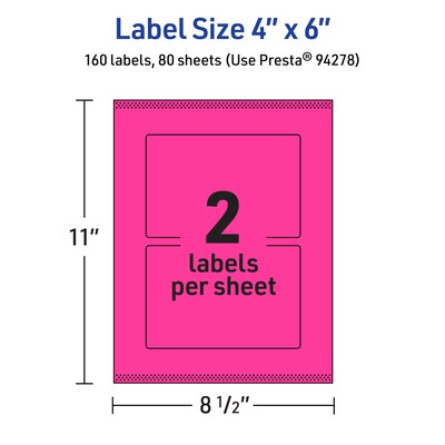 Avery Laser/Inkjet Rectangle Multipurpose Labels, 4" x 6", Neon Magenta, 160/Box (94278)