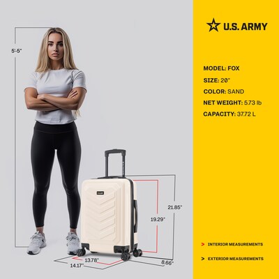 US Army FOX 20" Hardside Carry-On Suitcase, 4-Wheeled Spinner, TSA Checkpoint Friendly, Sand (USLFOX00S-SAN)