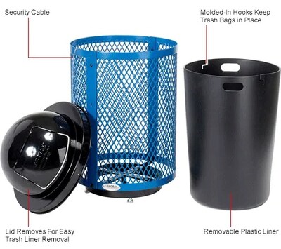Global Industrial Outdoor Diamond Steel Trash Can w/ Dome Lid & Base, 36 Gallon, Blue (261948BLD)
