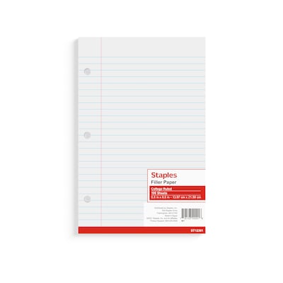 Staples® College Ruled Filler Paper, 5.5 x 8.5, 3-Hole Punched, White, 100 Sheets/Pack (ST12301D)