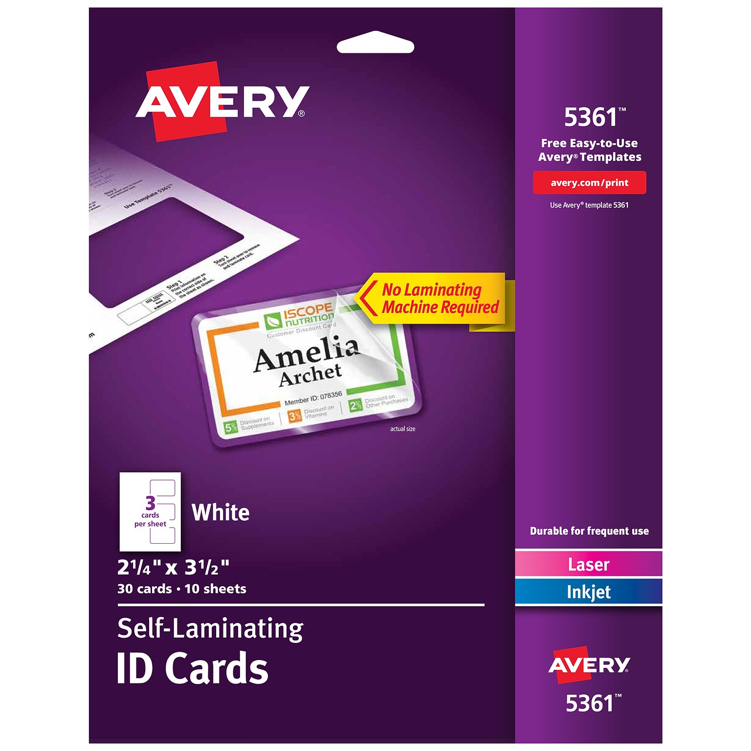 Avery Self-Laminating ID Cards, Matte White, 30/Pack (05361)