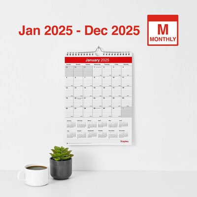 2025 Staples 8 x 11 Wall Calendar, Red/White (ST53922-25)