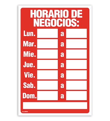 Cosco Horario de Negocio Sign, Red/White Plastic, 8 x 12 (098253)